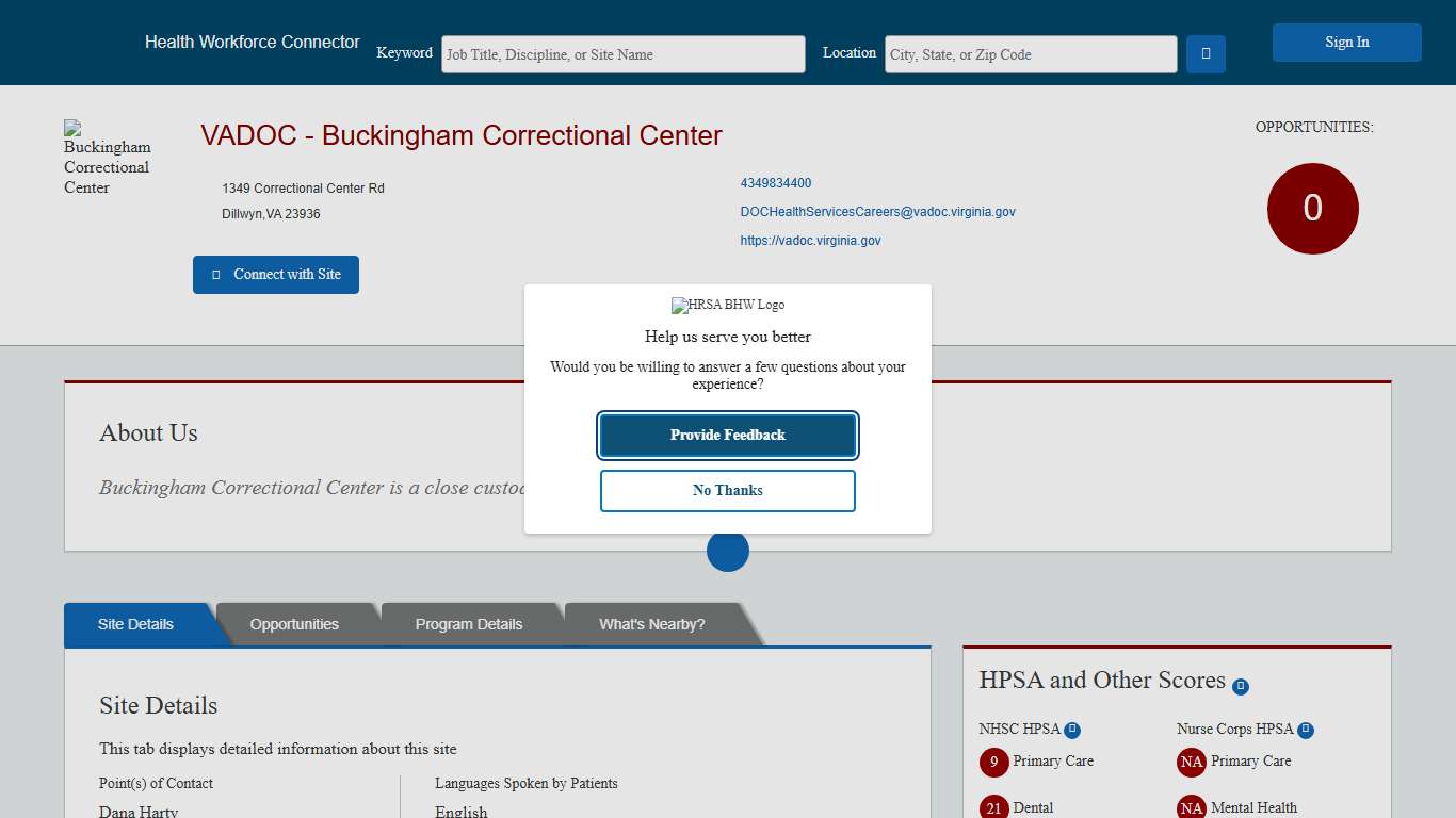 Health Workforce Connector - Site Profile Page